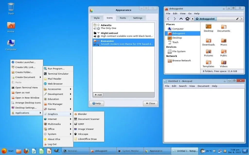 Kumandar Linux Легкий Debian & Xfce Spin с Windows 7 Look